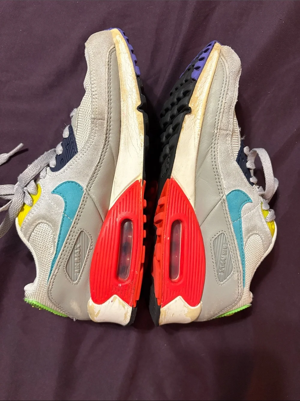 Nike Air Max 90s Kids Gray Sneakers with Teal, Neon Green & Red Accents size 5
